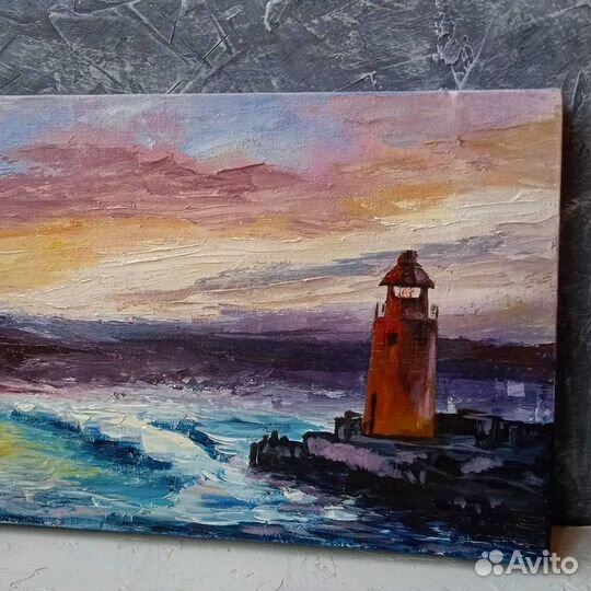 Картина маслом Морской пейзаж Маяк 20х40