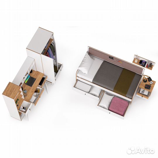 Полный комплект мебели для молодёжной комнаты Вуди № 35, цвет белый премиум/дуб крафт золотой/саванн