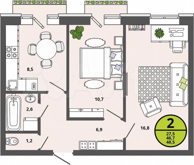 2-к. квартира, 46,7 м², 2/3 эт.