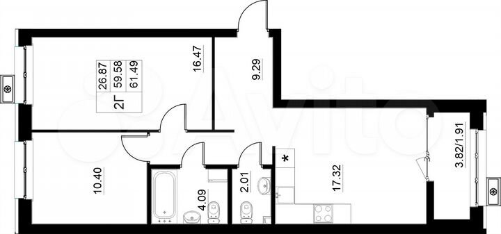 2-к. квартира, 61,5 м², 8/15 эт.