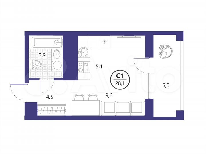 Квартира-студия, 28,1 м², 4/19 эт.