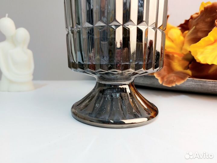 Ваза для цветов серая 18 см прозрачная стекло