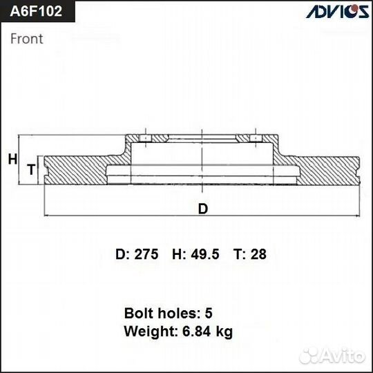 Диск тормозной передний advics артикул A6F102B