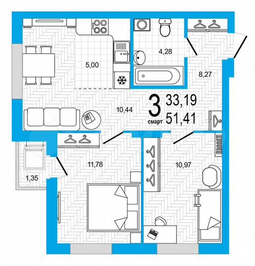 3-к. квартира, 51,4 м², 16/25 эт.