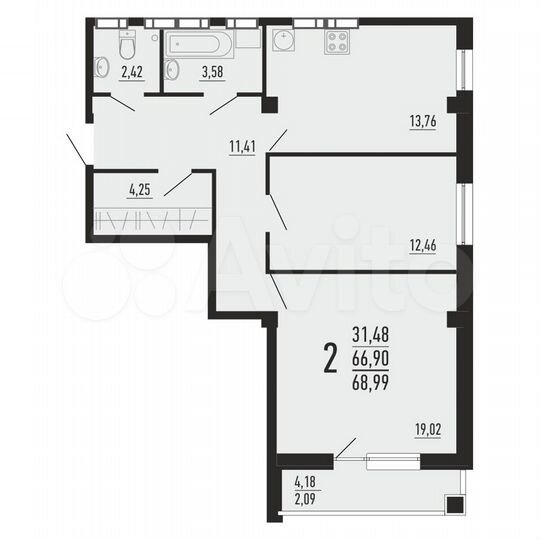 2-к. квартира, 69 м², 11/16 эт.