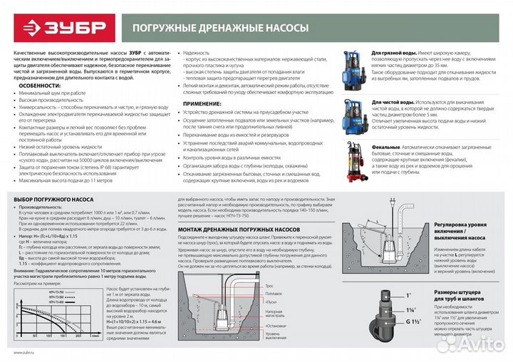 Фекальный насос с режущим механизмом зубр, 1500 Вт