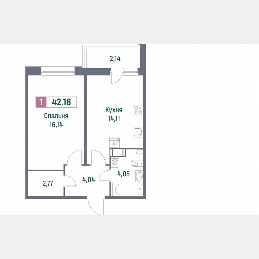1-к. квартира, 42 м², 2/16 эт.