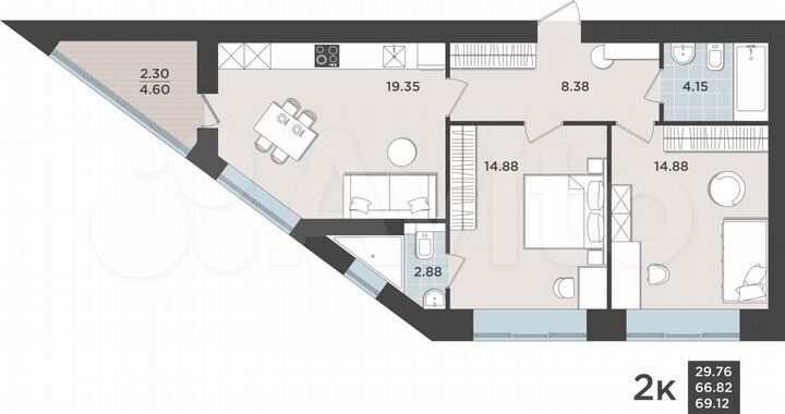 2-к. квартира, 66,8 м², 3/9 эт.