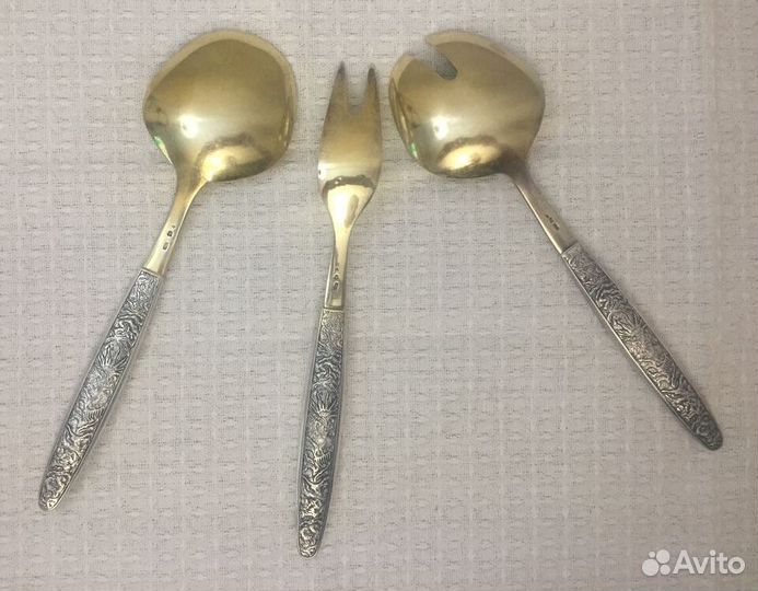 Ложки, вилки сервировочные, серебро 916, позолота