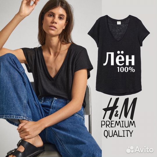 H&M футболка льняная черная hm топ лён новый