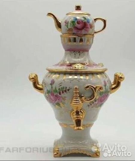 Два самовара, розовая гжель+голубая гжель