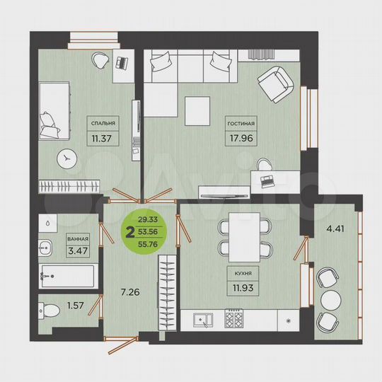 2-к. квартира, 55,8 м², 24/26 эт.