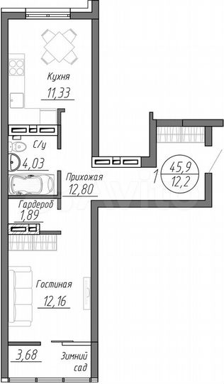 1-к. квартира, 45,9 м², 9/25 эт.