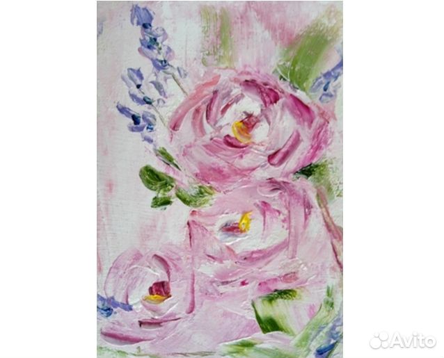 Картина маслом на холсте розовые цветы, 10х15см