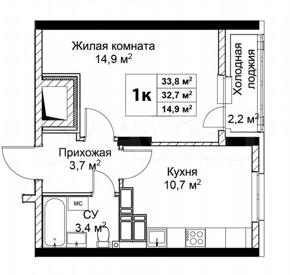 1-к. квартира, 33,8 м², 14/25 эт.