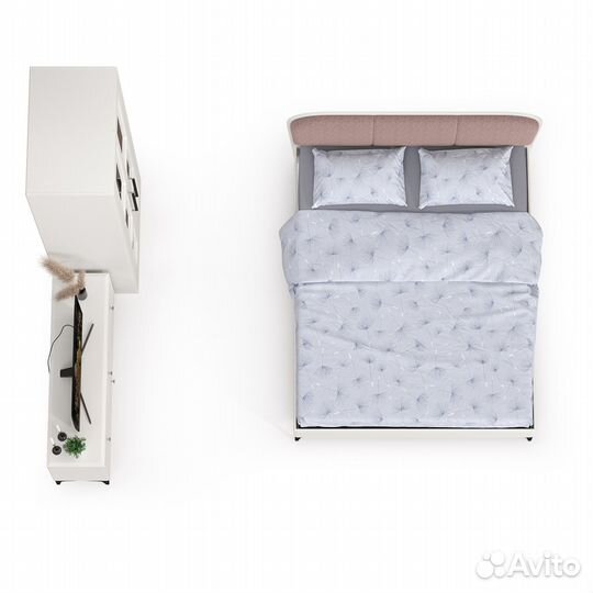 Гарнитур спальный с тв-тумбой и шкафом и кроватью с мягкой спинкой Валенсия № 42, цвет белый шагрень