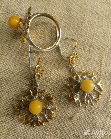 Кольцо серьги серебро позолота, королевский янтарь