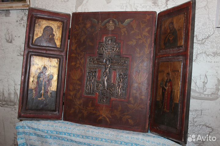 Старинная икона Триптих Крест Живоотворящий 40*61