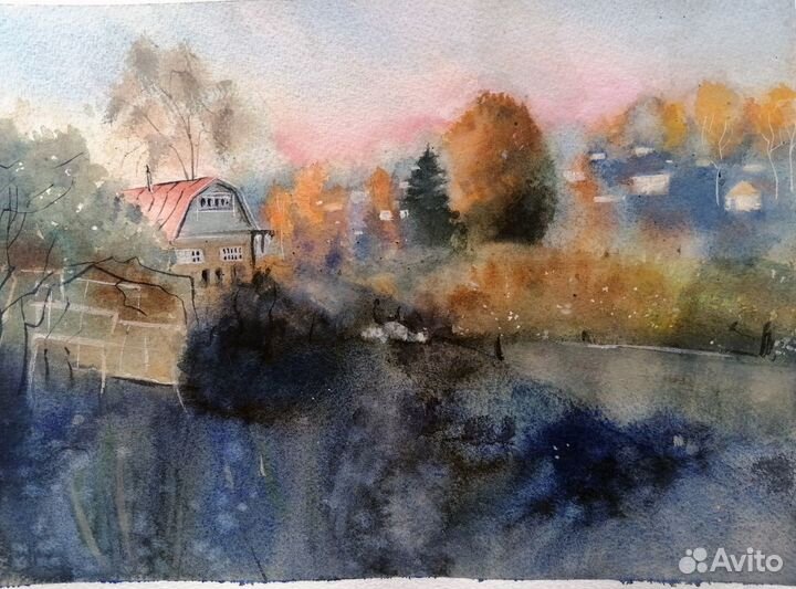 Сельский пейзаж. Акварель