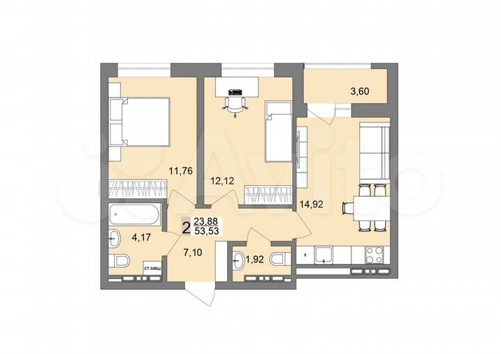 2-к. квартира, 53,5 м², 13/19 эт.