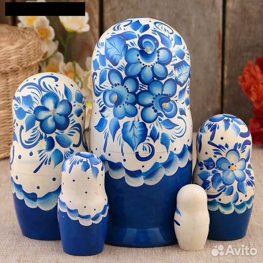 Матрёшка «Гжель», синее платье, 5 кукольная, 18 см