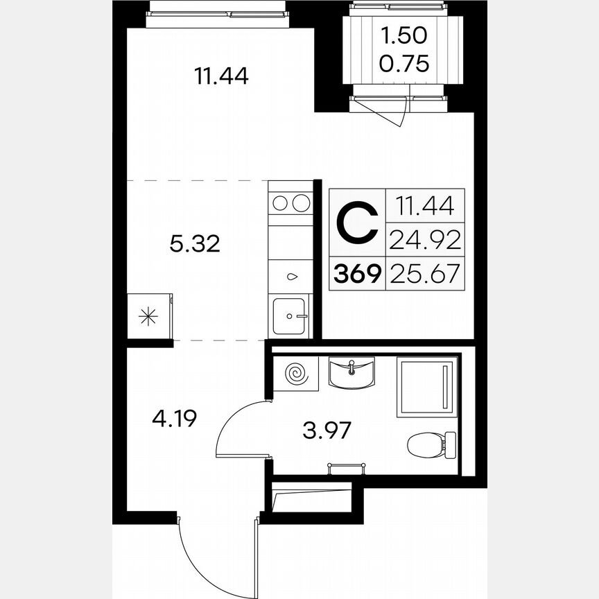 Квартира-студия, 25,7 м², 8/9 эт.