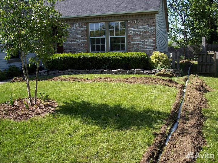 Дренаж,подсыпка, газон