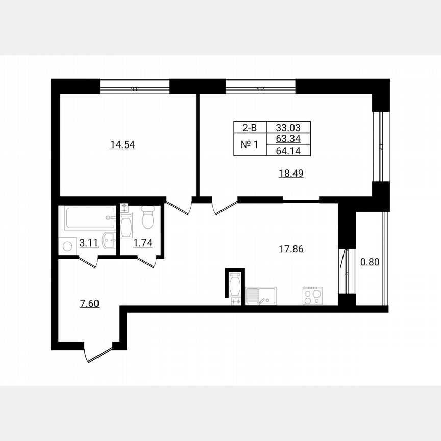 2-к. квартира, 64,1 м², 9/9 эт.