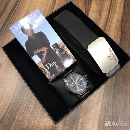 Мужской подарочный набор. Ремень, часы, парфюм