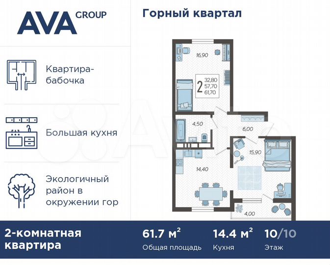 2-к. квартира, 61,7 м², 10/10 эт.
