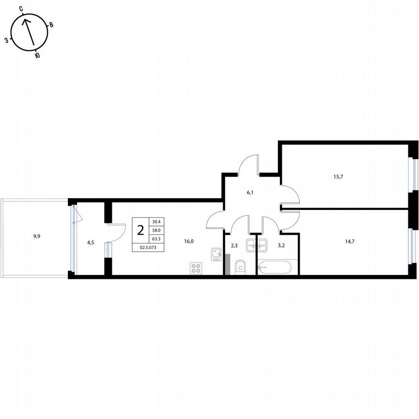 2-к. квартира, 63,3 м², 1/3 эт.