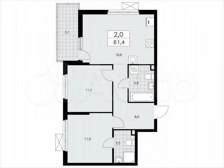 2-к. квартира, 61,4 м², 2/11 эт.