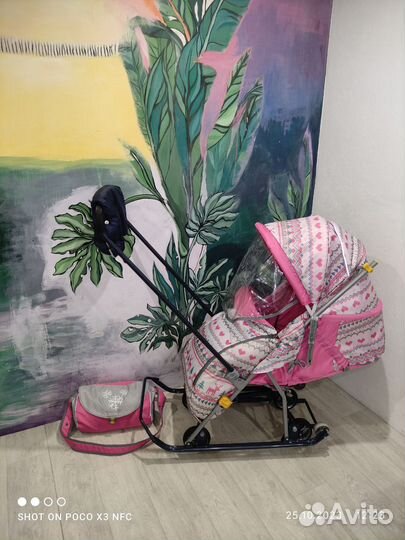 Санки-коляска с 6ю колёсами и перекидной ручкой