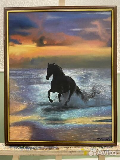 Картина маслом «Лошадь на закате в море»