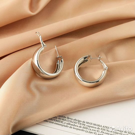 Серьги кольца бижутерия серебро большие