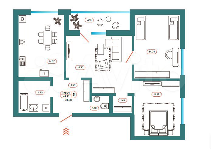 3-к. квартира, 74,5 м², 1/9 эт.