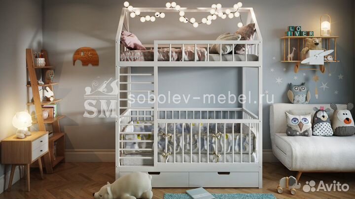 Кровать манеж двухъярусная с ящиками