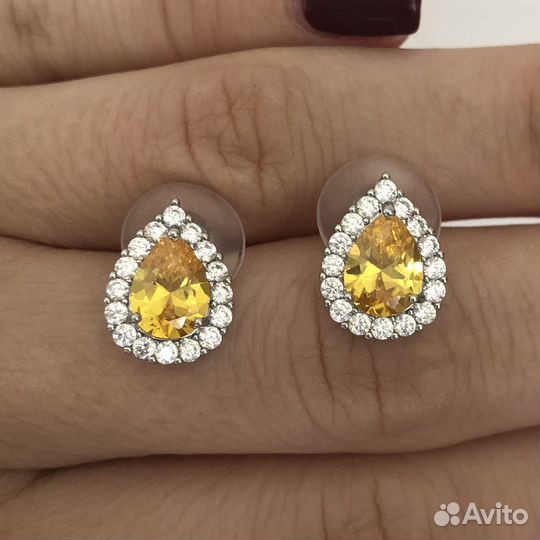 Серьги пусеты капельки с желтыми кристаллами