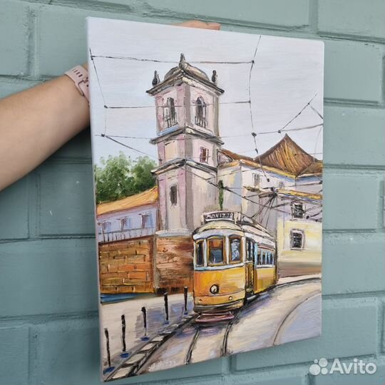 Португалия Лиссабон картина маслом с трамвайчиком