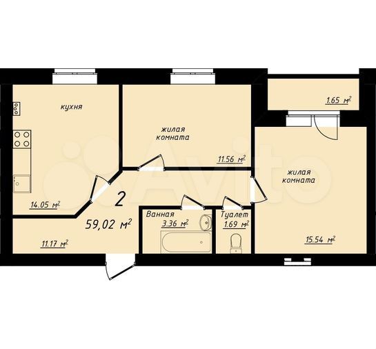 2-к. квартира, 59 м², 1/3 эт.