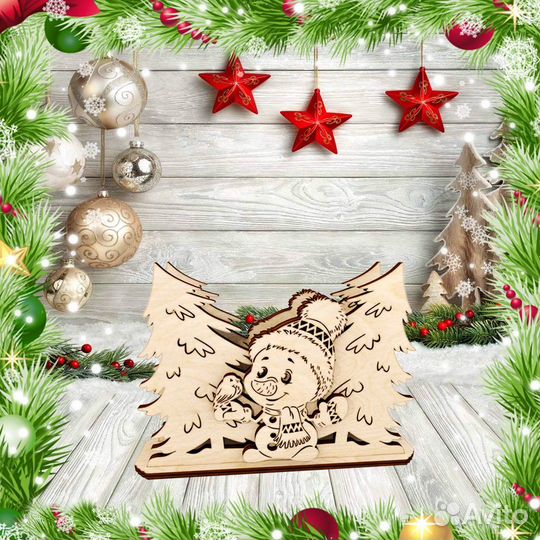 Салфетница новогодняя деревянная Снеговик