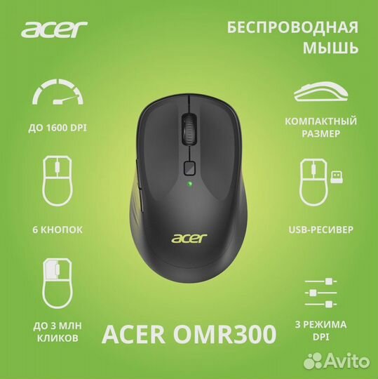 Мышь Acer OMR300 черный оптическая 1600dpi беспров. USB 6but (ZL.mcecc.01R)