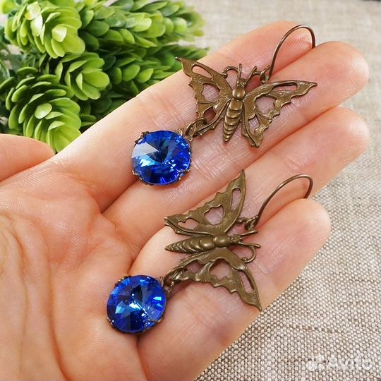 Серьги Бабочки Синие Кристаллы Сваровски Ультрамар