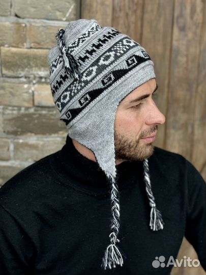 Мужская шапка Перу шерсть альпака Чульо двусторонняя цвет серо-черный 1