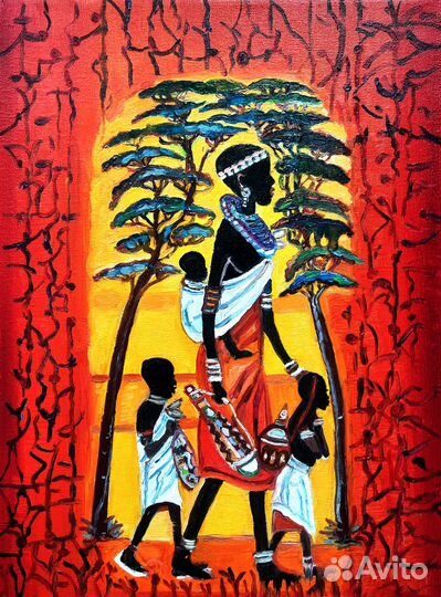 Картина маслом Африканка с детьми холст 40на30см