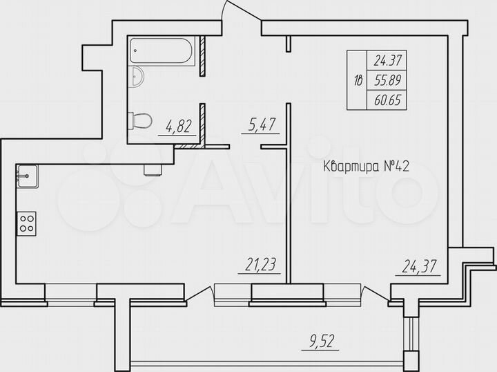 1-к. квартира, 60,7 м², 2/5 эт.