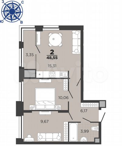 2-к. квартира, 48,6 м², 12/26 эт.