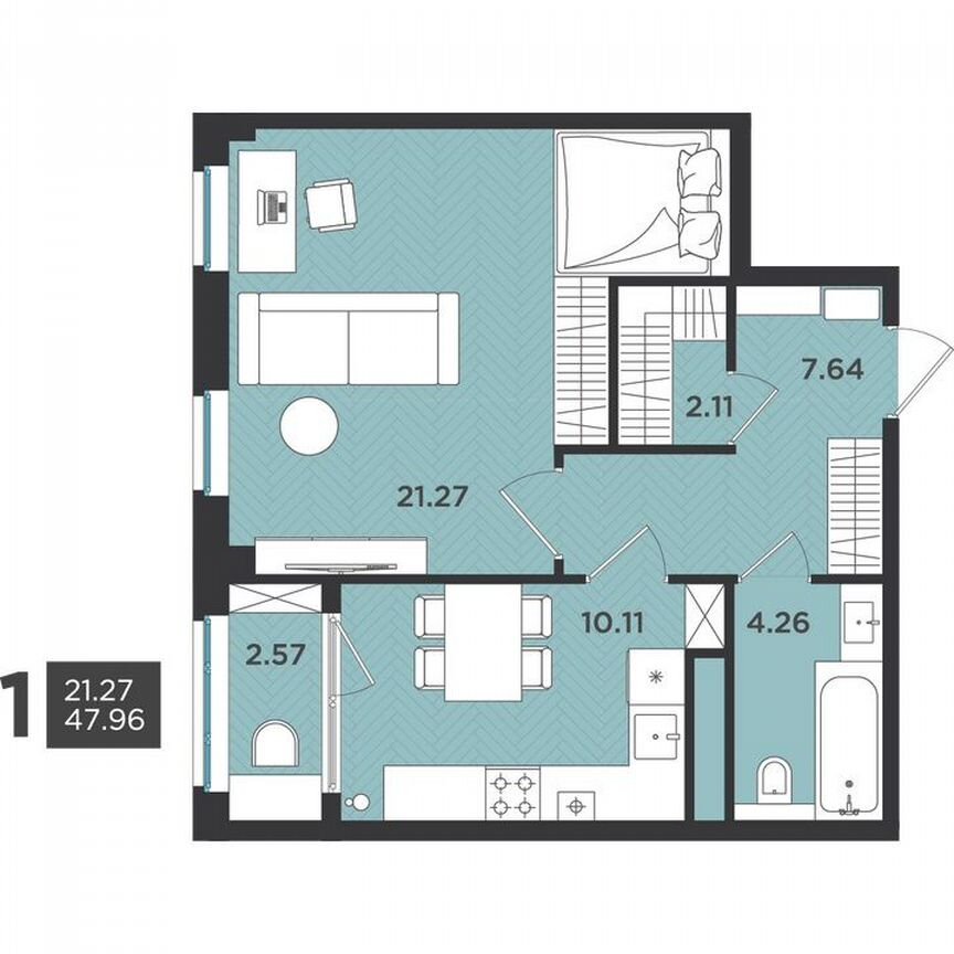 1-к. квартира, 48 м², 2/4 эт.