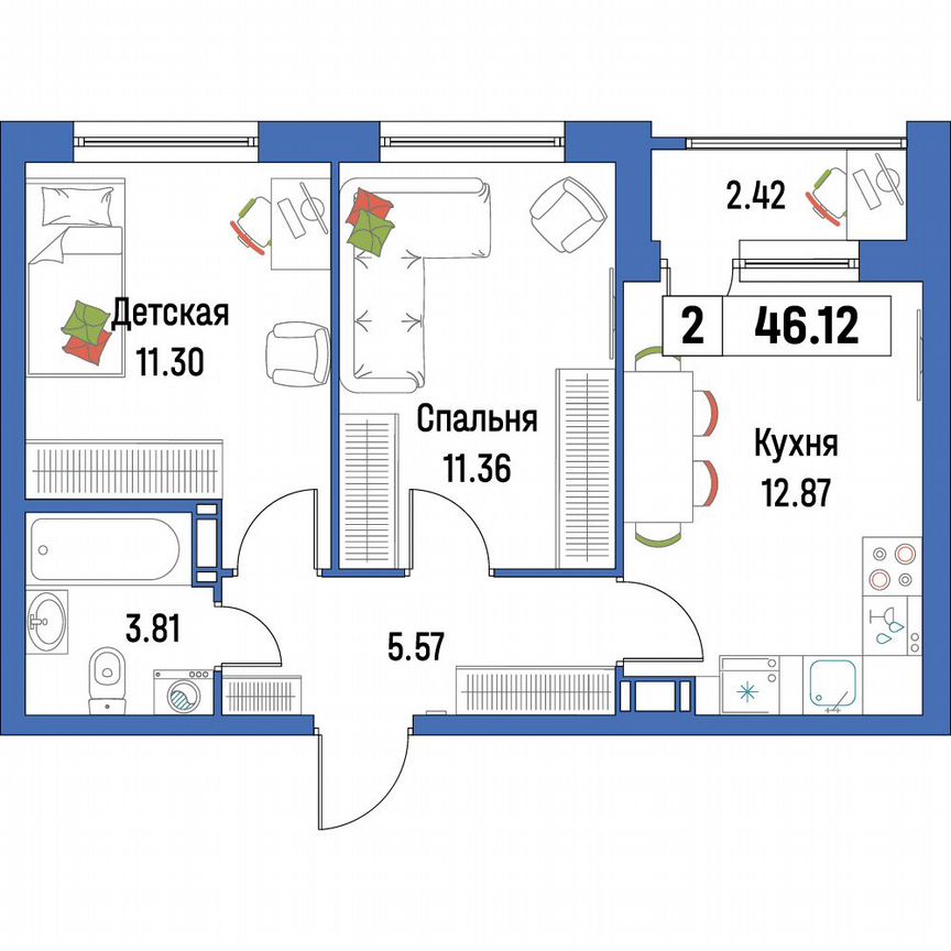 2-к. квартира, 46,1 м², 4/16 эт.