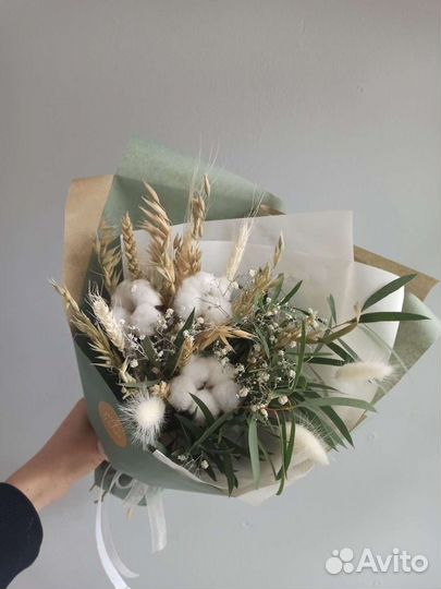 Букет из сухоцветов, хлопок, эвкалипт, гипсофила